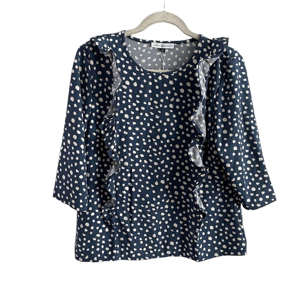 Michelle Mcdowell Women M Blue White Dot Print 3/4 Sleeves Ruffle Mason Top NWT